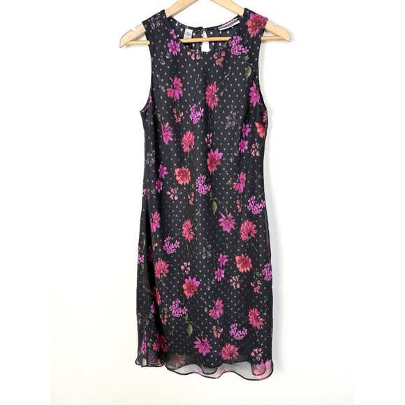 Vintage 90s Y2K Chiffon Floral Shift Dress Womens 8 Dark Feminine Fairy Party - Picture 1 of 9